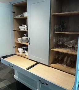 Custom made kitchen dresser made from Birch ply with MDF Shaker-style doors, matching existing kitchen.  Complete with pull out heavy duty shelf/table top.