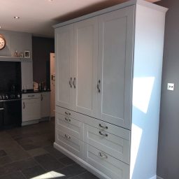 Custom made kitchen dresser made from Birch ply with MDF Shaker-style doors, matching existing kitchen.  Complete with pull out heavy duty shelf/table top.