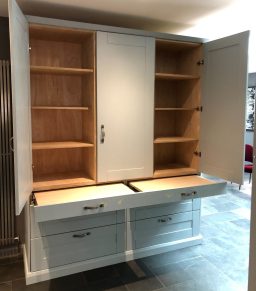 Custom made kitchen dresser made from Birch ply with MDF Shaker-style doors, matching existing kitchen.  Complete with pull out heavy duty shelf/table top.