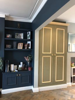 Beautiful downstairs fitted wardrobe, hand-crafted to home coats and shoes.  Moisture resistant MDF with shaker-style paneled doors. Cornice and Skirting to compliment existing decorations.